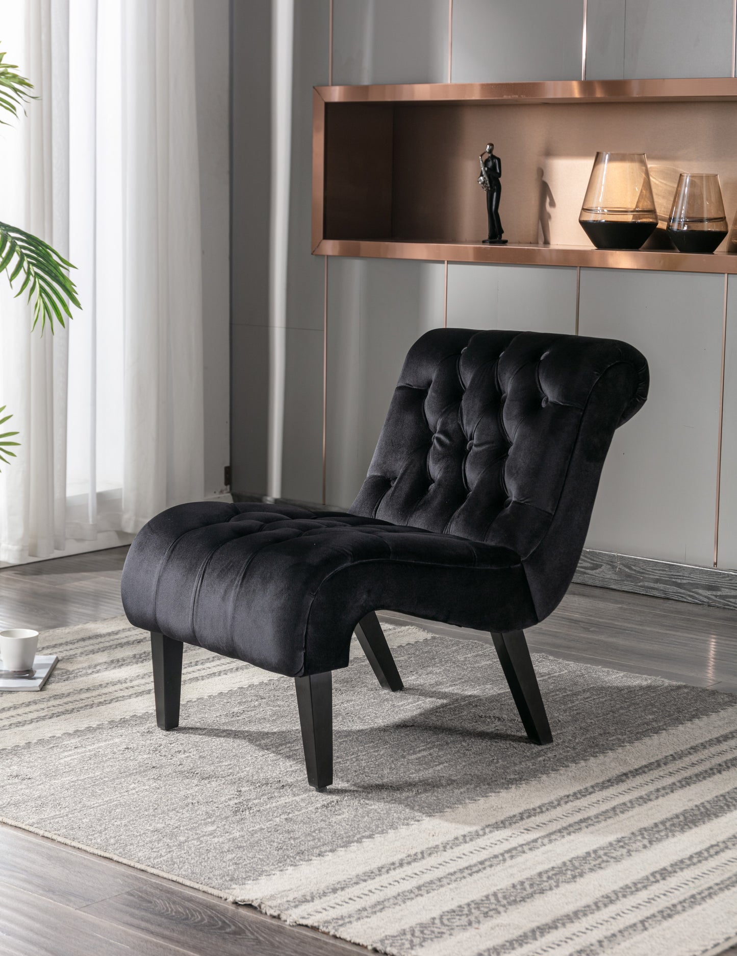 Modern Velvet Armless Accent Living Room Chair / Leisure Chair,Upholstered Fabric Button Comfortable Chair with Wooden Legs for Bedroom, Living Room, Office (Black Velvet)