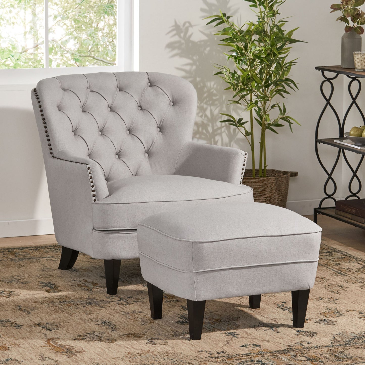 Contemporary Light Grey Fabric Club Chair and Ottoman Set, Stylish Upholstered Armchair with Matching Ottoman, Ideal for Modern Living Room Comfort and Style