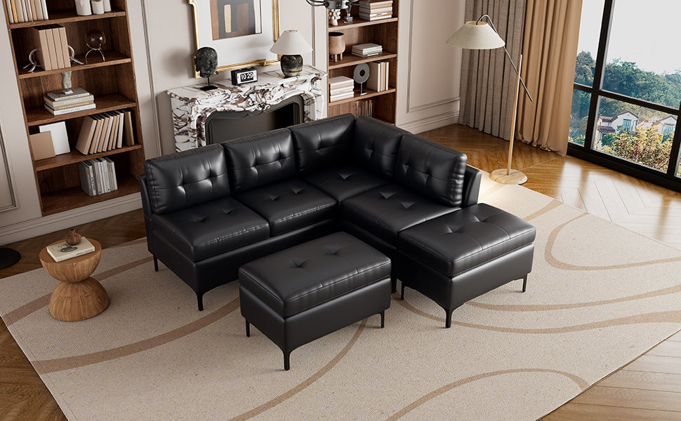 94.88" L-Shaped Corner Sofa Pu Leather Sectional Sofa Couch with Movable Storage Ottomans for Living Room, Black