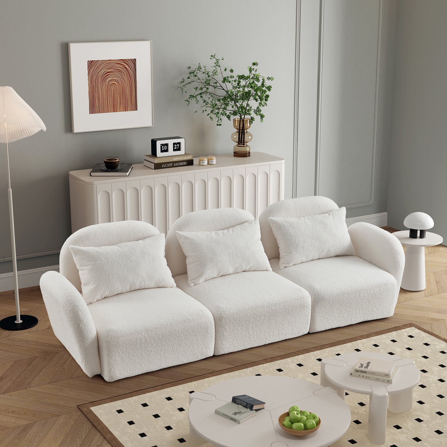 Living Room Furniture Three Seat Lazy Sofa Teddy Fabric White