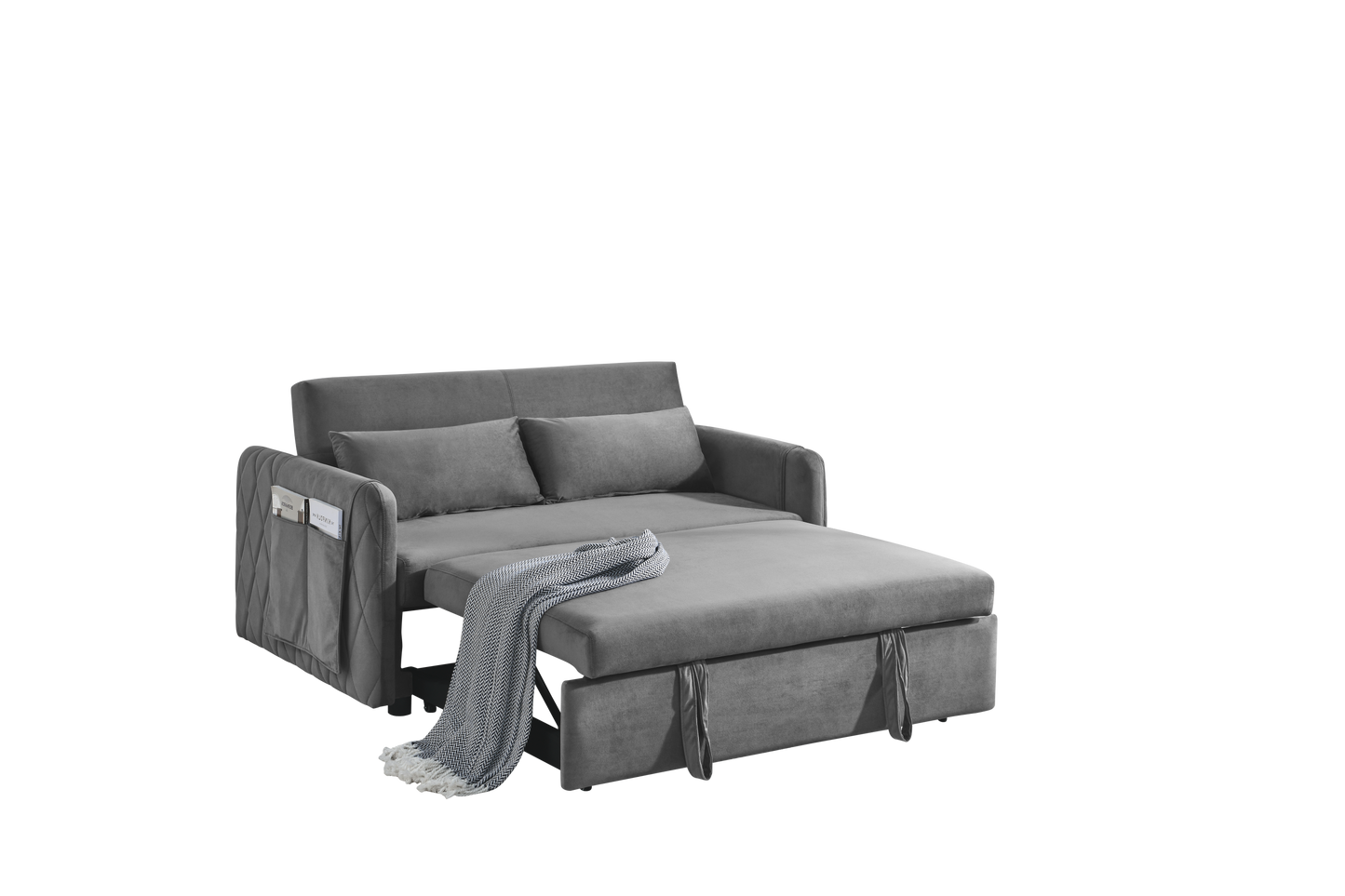 55" Modern Convertible Sofa Bed with 2 Detachable Arm Pockets, Velvet Loveseat Sofa with Pull Out Bed, 2 Pillows and Living Room Adjustable Backrest, Grid Design Armrests