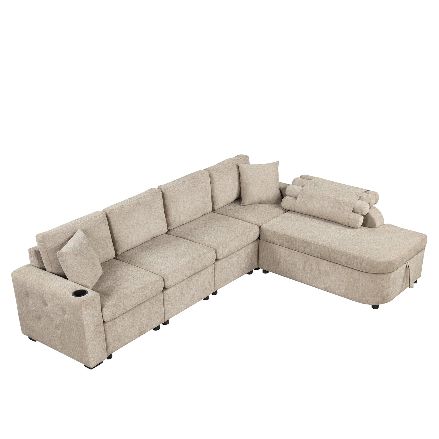 109.8"L-shaped Couch Sectional Sofa with Storage Chaise,Cup Holder and USB Ports for Living Room, Beige