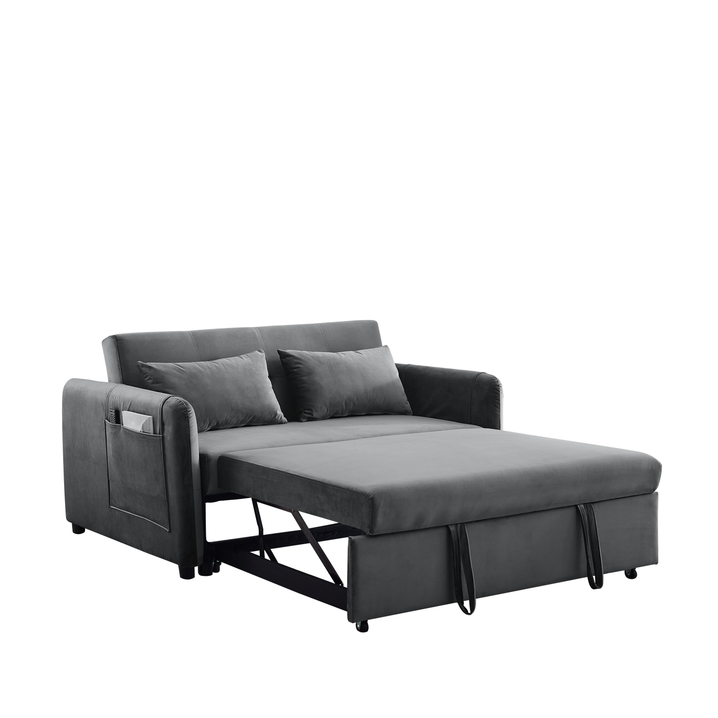 Convertible Sofa Bed, 3-in-1 Versatile Velvet Double Sofa with Pullout Bed, Seat with Adjustable Backrest, Lumbar Pillows, and Living Room Side Pockets, 54 Inch, Grey