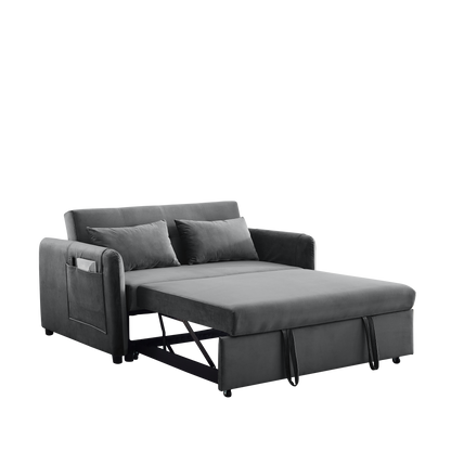 Convertible Sofa Bed, 3-in-1 Versatile Velvet Double Sofa with Pullout Bed, Seat with Adjustable Backrest, Lumbar Pillows, and Living Room Side Pockets, 54 Inch, Grey