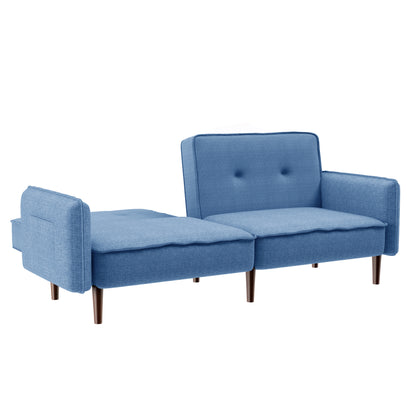 Living Room Bed Room Leisure Futon Sofa bed in Blue Fabric with Solid Wood Leg