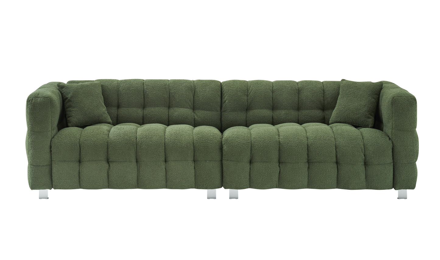 102-inch green teddy fleece sofa with two throw pillows in living room Bedroom apartment sofa supported by hardware feet