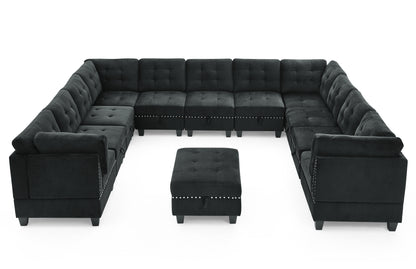 U shape Modular Sectional Sofa,DIY Combination,includes Seven Single Chair,Four Corner and One Ottoman,Black Velvet.