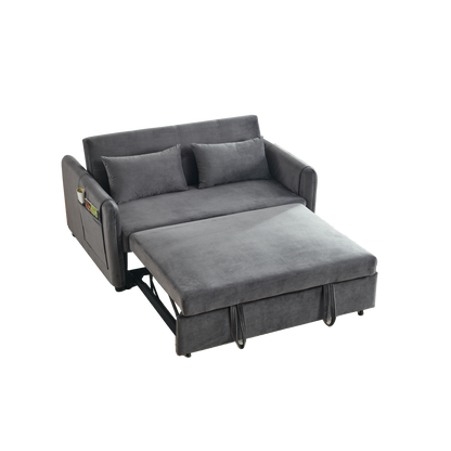 Convertible Sofa Bed, 3-in-1 Versatile Velvet Double Sofa with Pullout Bed, Seat with Adjustable Backrest, Lumbar Pillows, and Living Room Side Pockets, 54 Inch, Grey