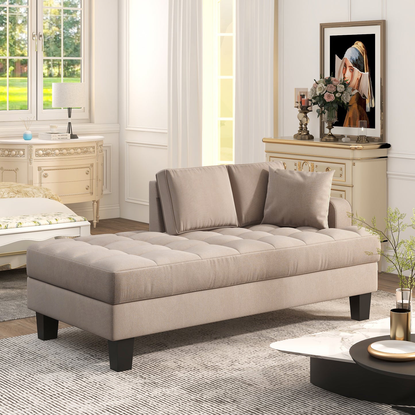 64" Deep Tufted Upholstered Textured Fabric Chaise Lounge,Toss Pillow included,Living room Bedroom Use,Warm Grey