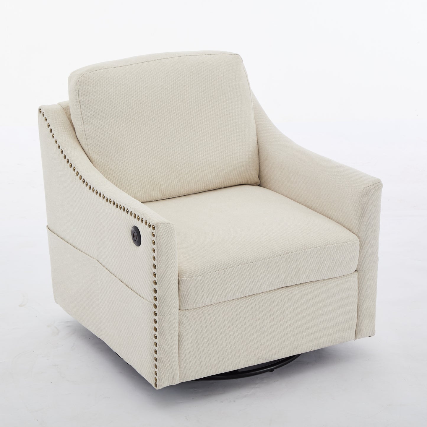 Cream white fabric swivel rotating accent chair with USB and magazine book for living room and hotel bed room