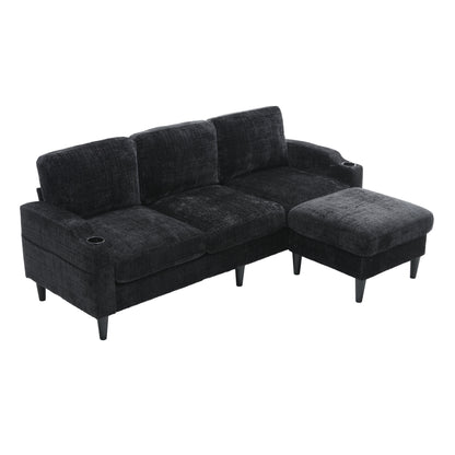 Sofa for three, solid wood frame, Chenille fabric, side pocket, with two cup holders, footstool with storagestorage sofa /Living room sofa cozy sectional sofa