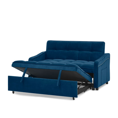 Loveseats Sofa Bed with Pull-out Bed,Adjsutable Back and Two Arm Pocket,TypeC and USB Charging with Copper nail,Blue (47"x53"x31")