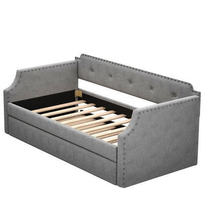 Upholstered Daybed with Trundle, Wood Slat Support,Upholstered Frame Sofa Bed, Twin,Gray