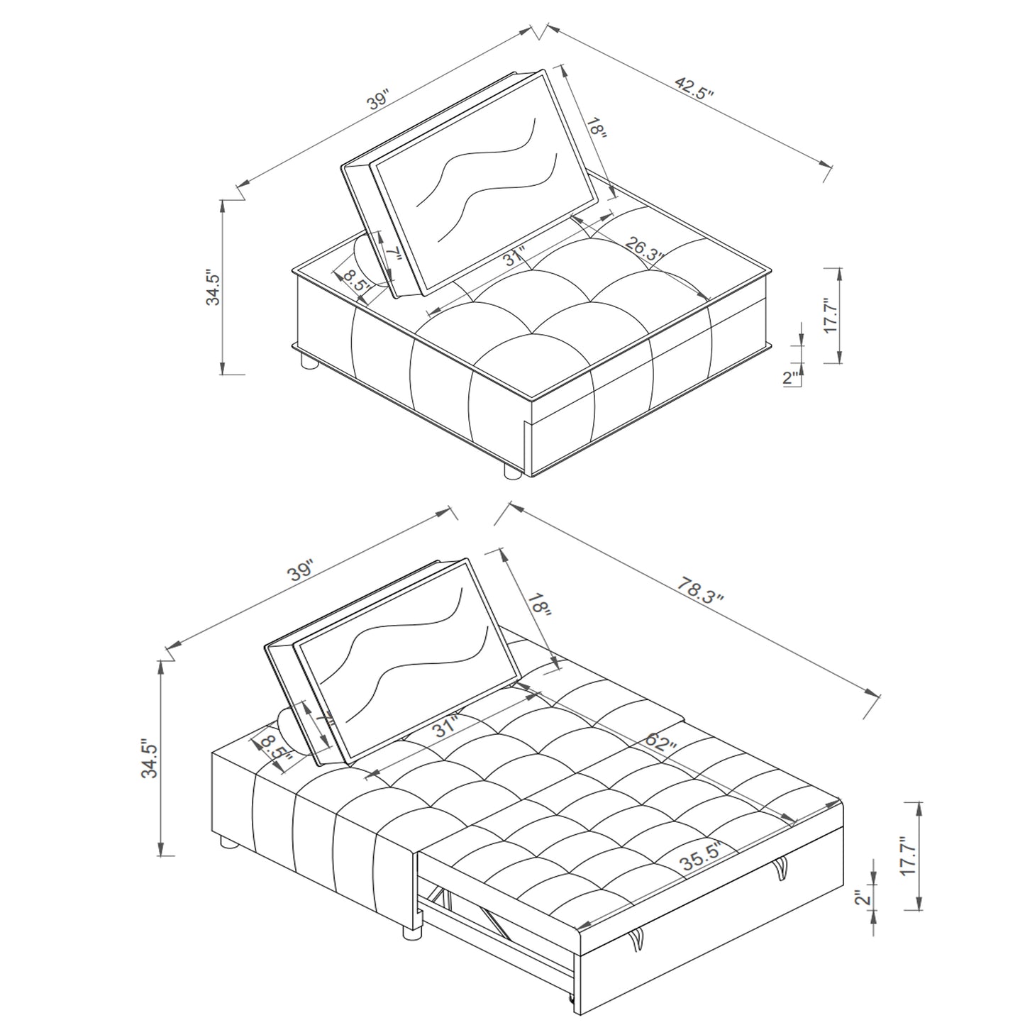 Multipurpose Linen Fabric Ottoman Lazy Sofa Pulling Out Sofa Bed (Dark Grey)