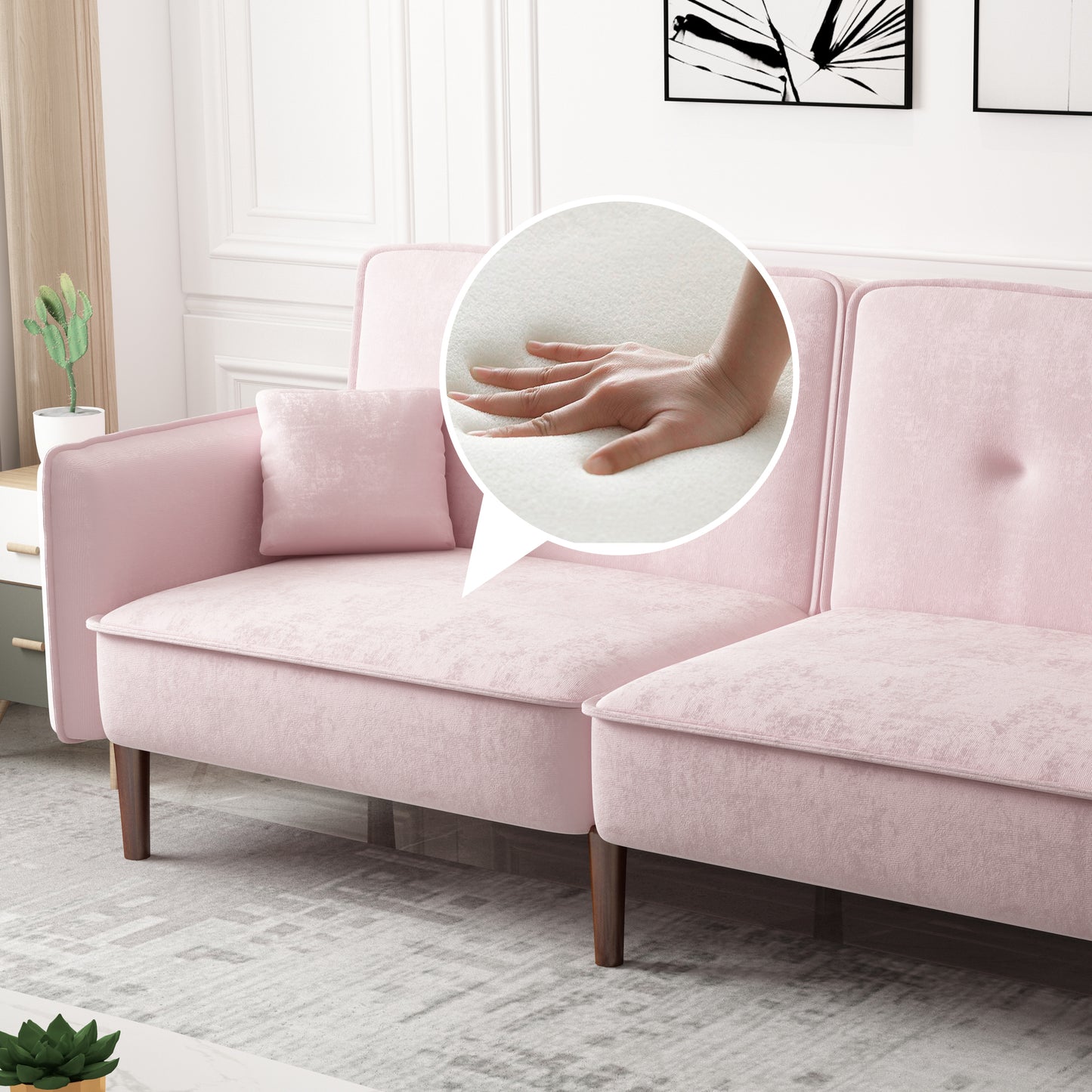 Convertible Sofa Bed with Wood Legs in Velvet(Pink)