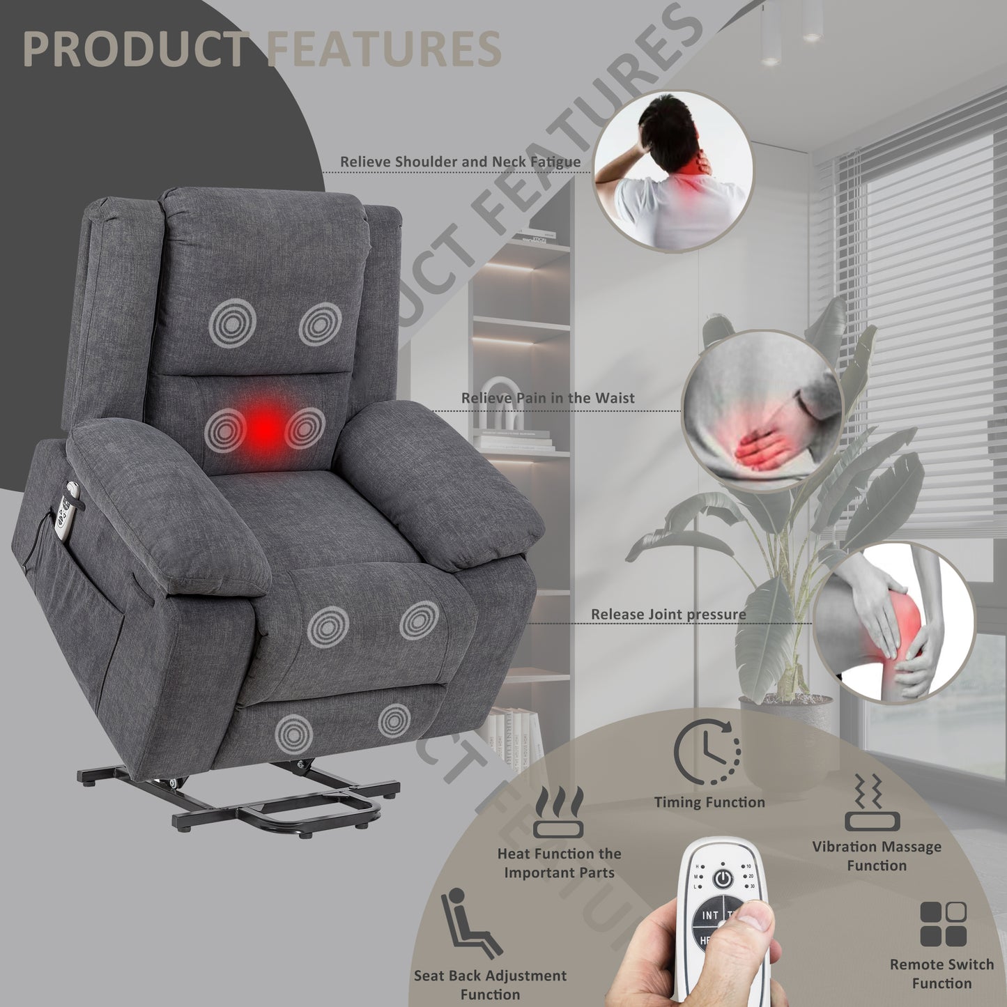 Electric Power Recliner Chair With Massage For Elderly,Remote Control Multi-function Lifting, Timing, Cushion Heating Chair With Side Pocket Dark Grey