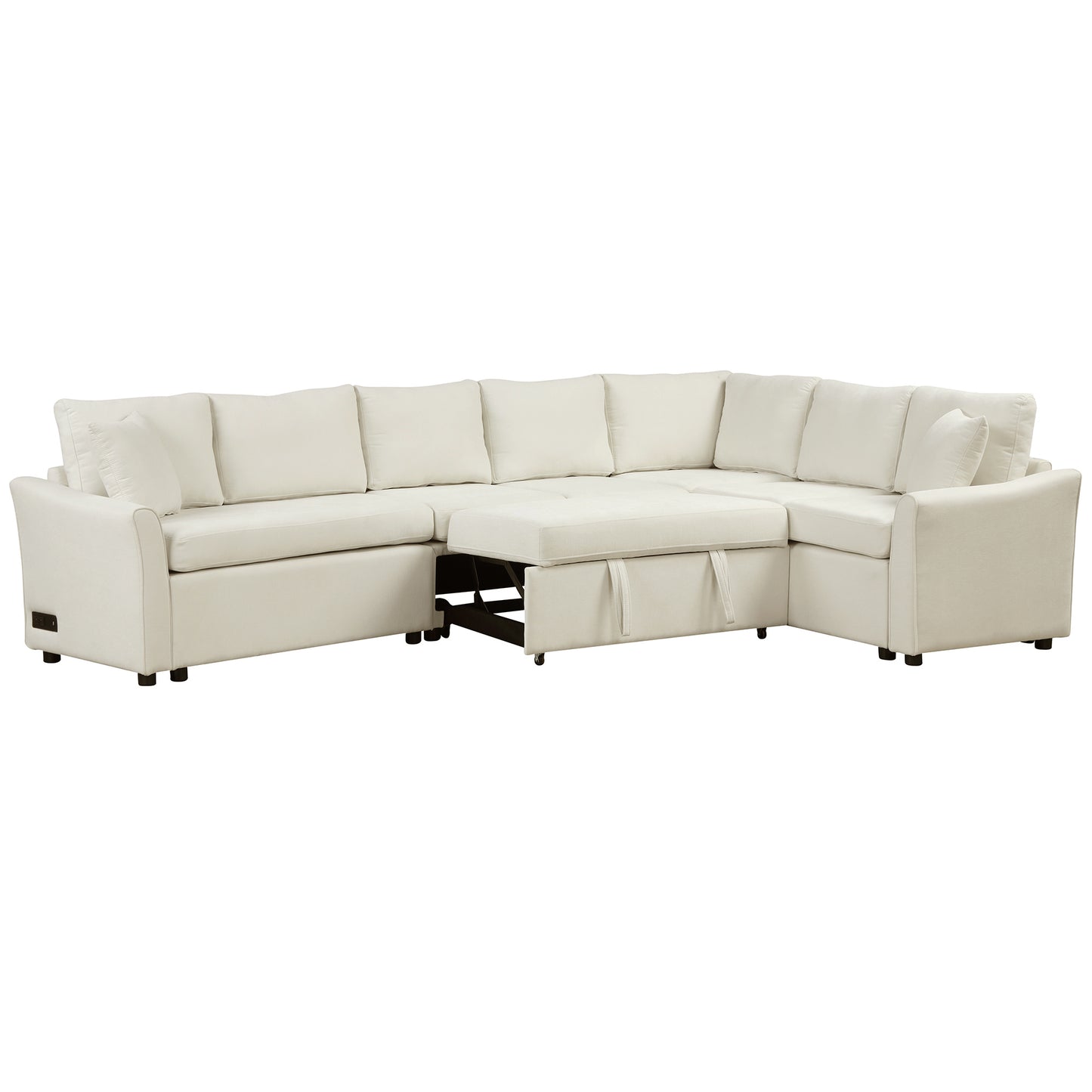 124.8"L-shaped Sofa Convertible Sofa Bed Pull Out Sofa Sleeper with Two Back Pillows, Two USB Ports and Two Power Sockets for Living Room, Beige