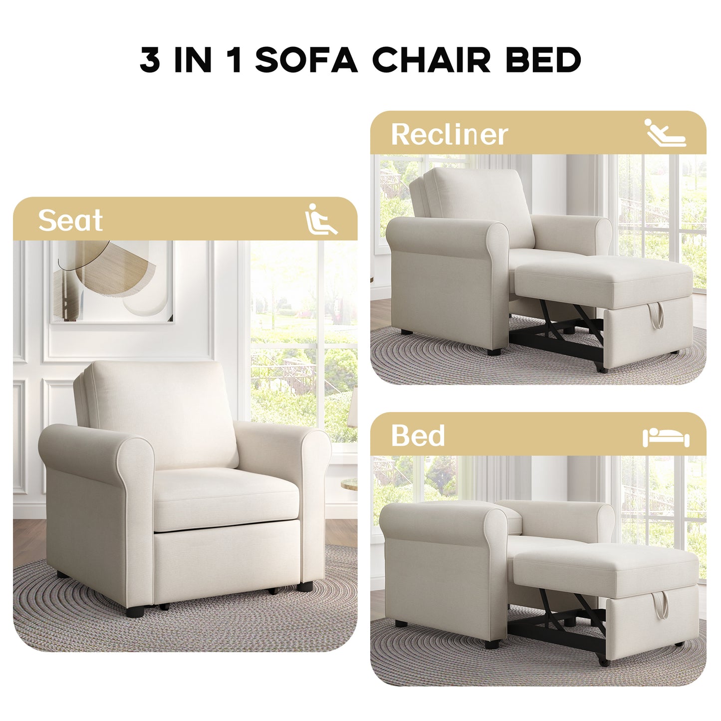 3-in-1 Sofa Bed Chair, Convertible Sleeper Chair Bed,Adjust Backrest Into a Sofa,Lounger Chair,Single Bed,Modern Chair Bed Sleeper for Adults,White(Old sku:WF301161AAB)