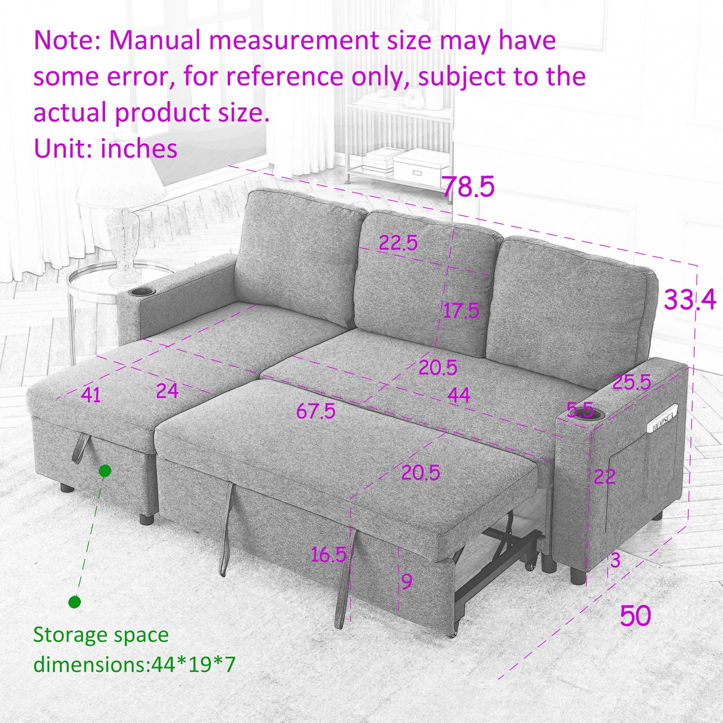 78.7"Comfortable Linen L-Shaped Combo Sofa Sofa Bed, Living Room Furniture Sets for Tight Spaces, Reversible Sleeper Combo Sofa with Pullout Bed,Reversible Sofa Bed for Living Room, Office, Apartmen