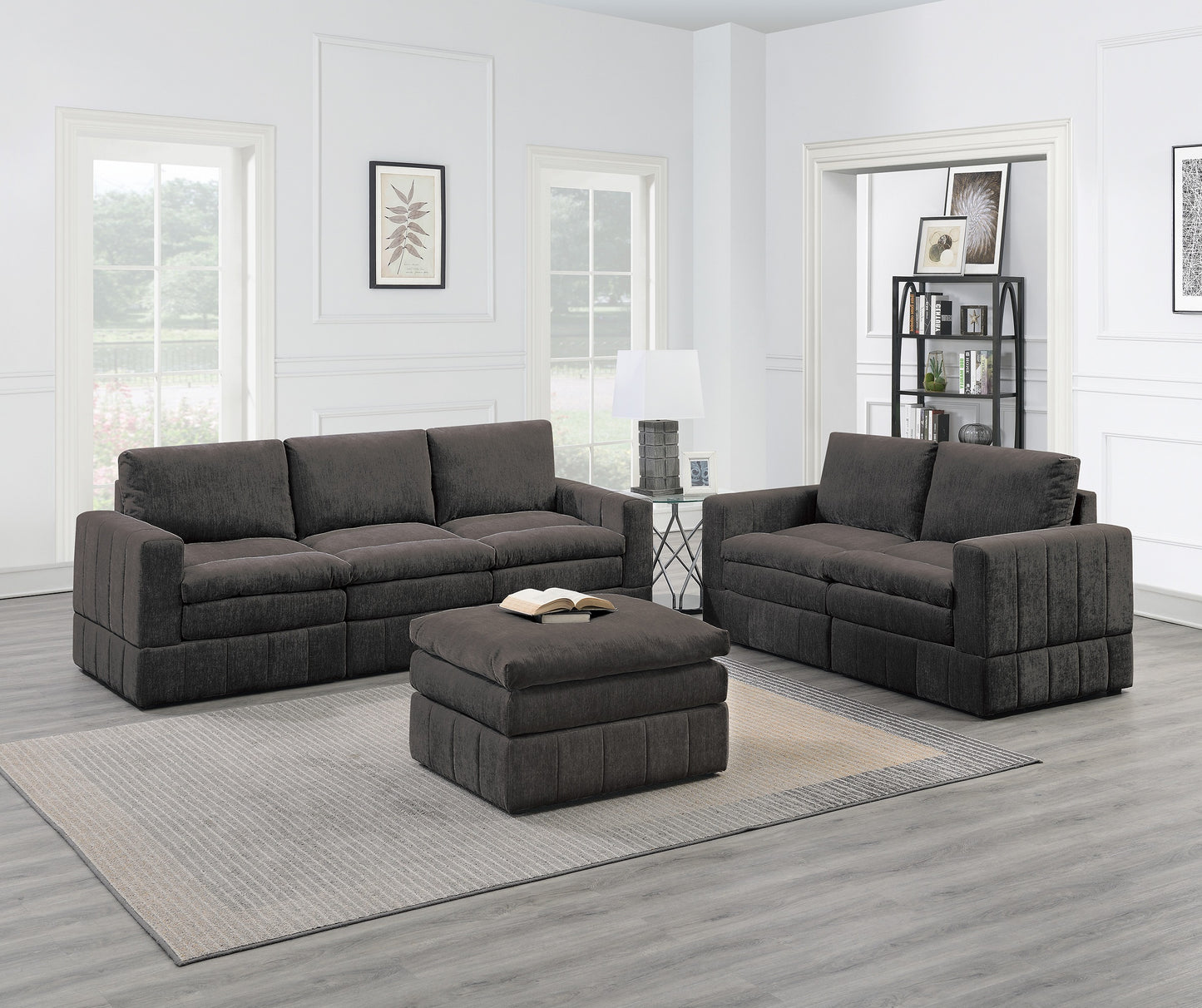 Contemporary 6pc Set Modular Sectional Set 4x One Arm Chair / Wedge 1x Armless Chairs 1x Ottoman Mink Morgan Fabric Plush Living Room Furniture