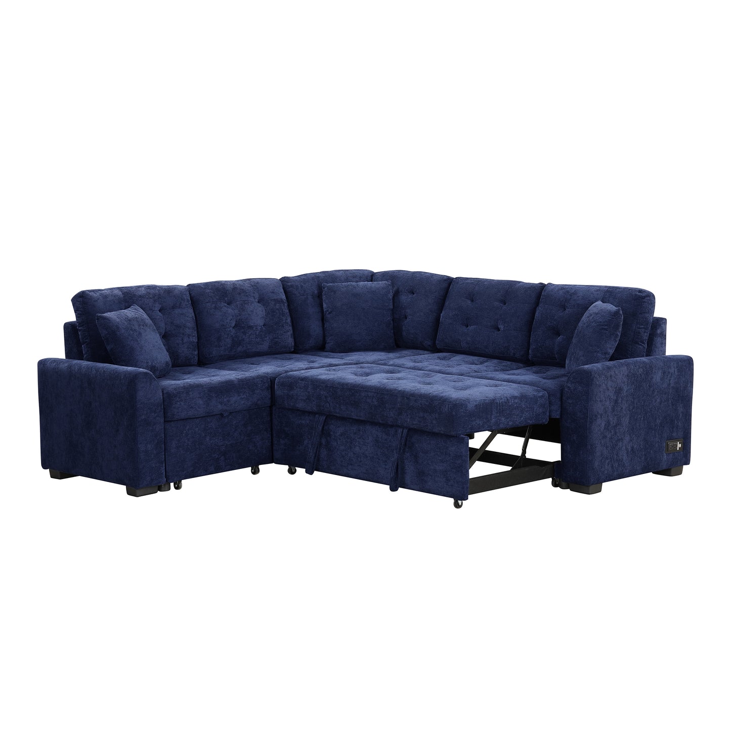 82.6" L-shape Sofa Bed Pull-out Sleeper Sofa with Wheels, USB Ports, Power Sockets for Living Room, Navy Blue