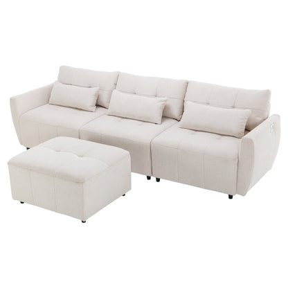 113.3" Convertible Sectional Sofa Couch 3-Seat L-Shaped Sofa with Movable Ottoman and USB for Apartment, Living Room, Bedroom, Beige