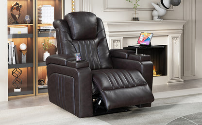 PU Leather Power Recliner Home Theater Recliner with Power Adjustable Headrest, Wireless Charging Device, USB Port, Storage Arms, Cup Holder and Swivel Tray Table for Living Room, Brown