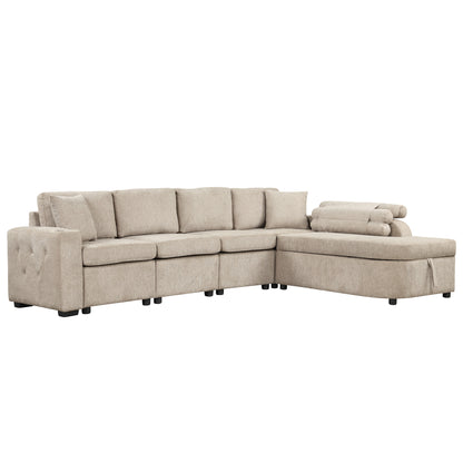 109.8"L-shaped Couch Sectional Sofa with Storage Chaise,Cup Holder and USB Ports for Living Room, Beige