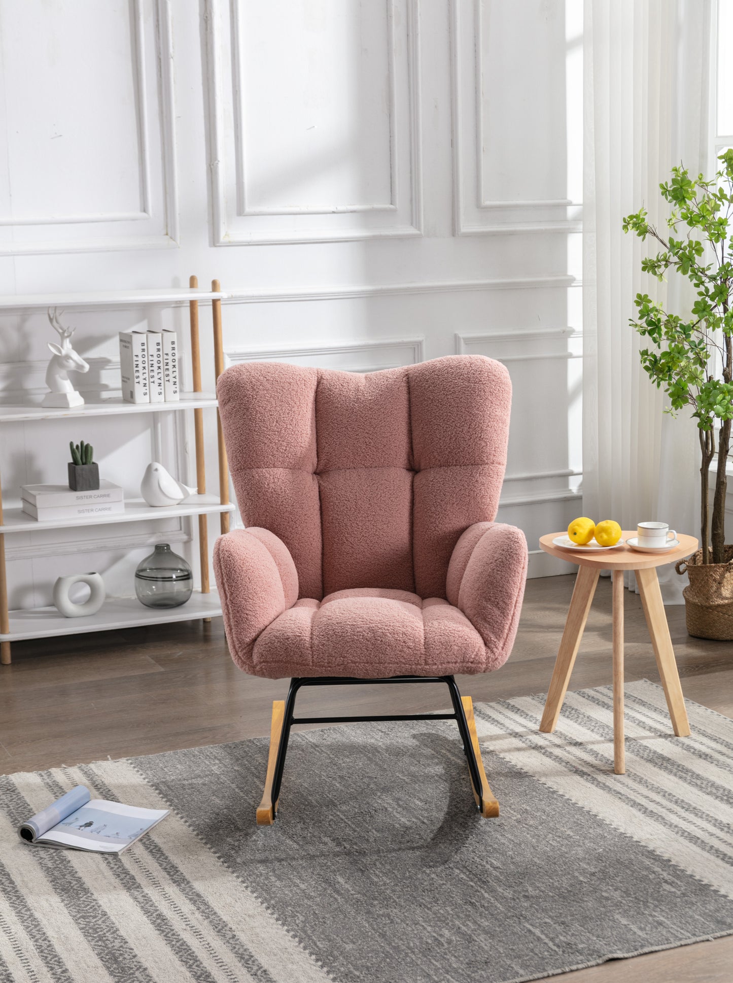 Mid Century Modern Teddy fabric Tufted Upholstered Rocking Chair Padded Seat for Living Room Bedroom,Pink