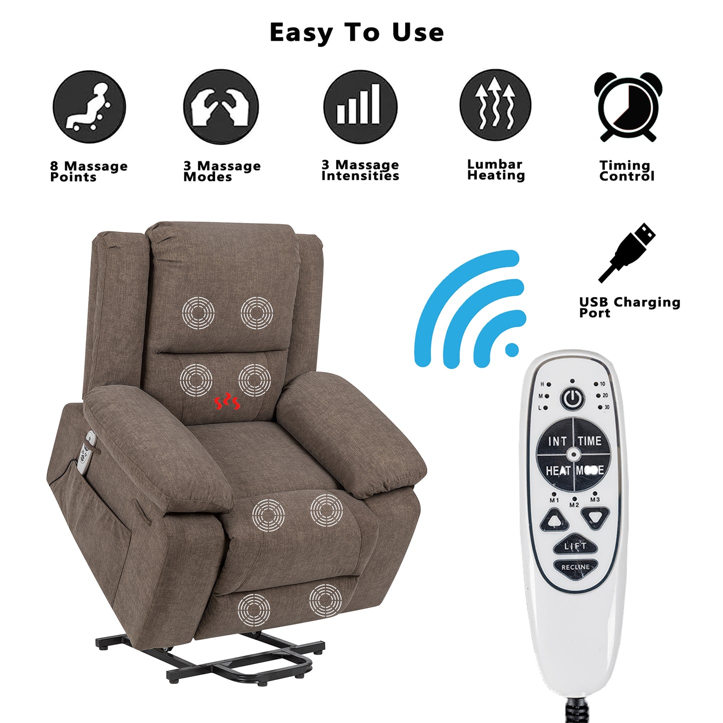 Electric Power Recliner Chair With Massage For Elderly,Remote Control Multi-function Lifting, Timing, Cushion Heating Chair With Side Pocket Brown