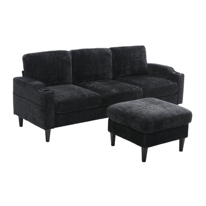 Sofa for three, solid wood frame, Chenille fabric, side pocket, with two cup holders, footstool with storagestorage sofa /Living room sofa cozy sectional sofa