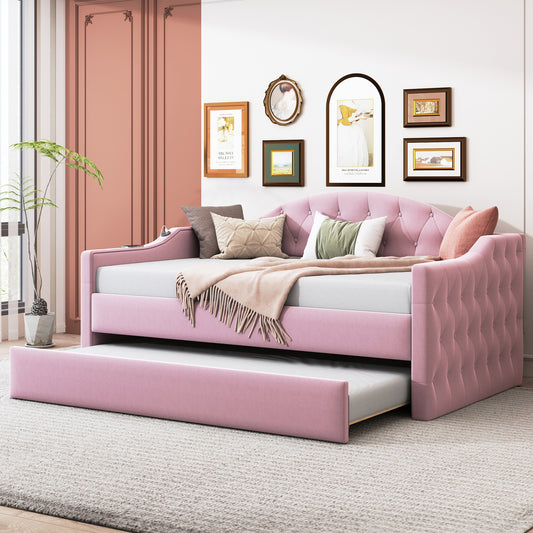 Size Tufted Upholstered Daybed with Trundle,Velvet Sofabed with USB&Type-C Charging Ports,No Box-spring Needed, Pink