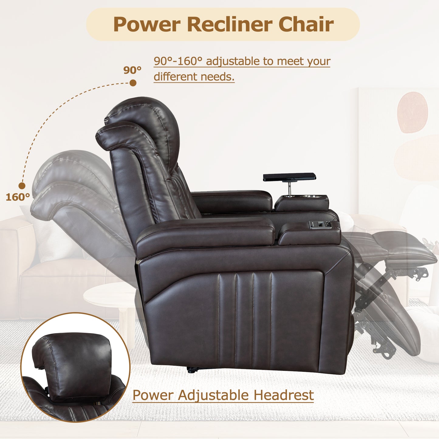 PU Leather Power Recliner Home Theater Recliner with Power Adjustable Headrest, Wireless Charging Device, USB Port, Storage Arms, Cup Holder and Swivel Tray Table for Living Room, Brown