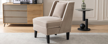 Velvet Upholstered Accent Chair with Cream Piping, Tan and Cream