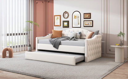 Size Tufted Upholstered Daybed with Trundle,Velvet Sofabed with USB&Type-C Charging Ports,No Box-spring Needed, Beige