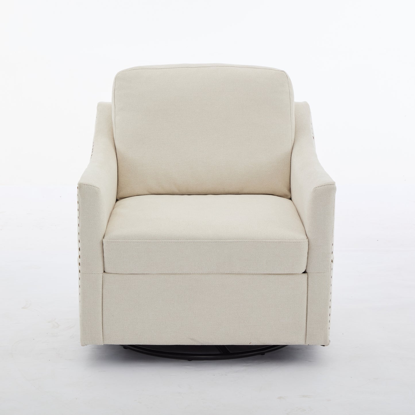 Cream white fabric swivel rotating accent chair with USB and magazine book for living room and hotel bed room