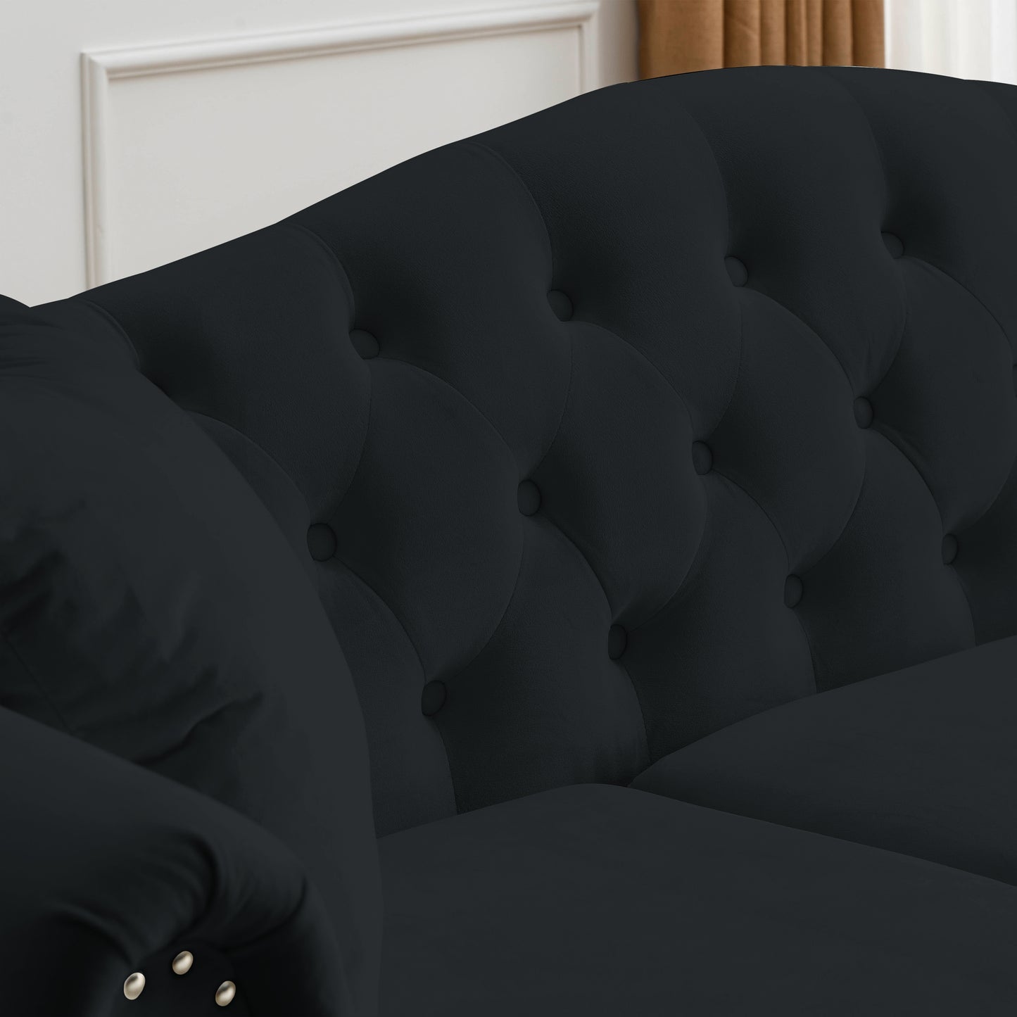 79" Chesterfield Sofa Black Velvet for Living Room, 3 Seater Sofa Tufted Couch with Rolled Arms and Nailhead for Living Room, Bedroom, Office, Apartment, two pillows