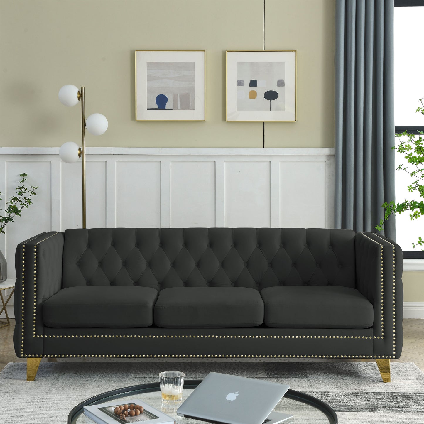 Velvet Sofa for Living Room,Buttons Tufted Square Arm Couch, Modern Couch Upholstered Button and Metal Legs, Sofa Couch for Bedroom, Black Velvet(W834S00022)