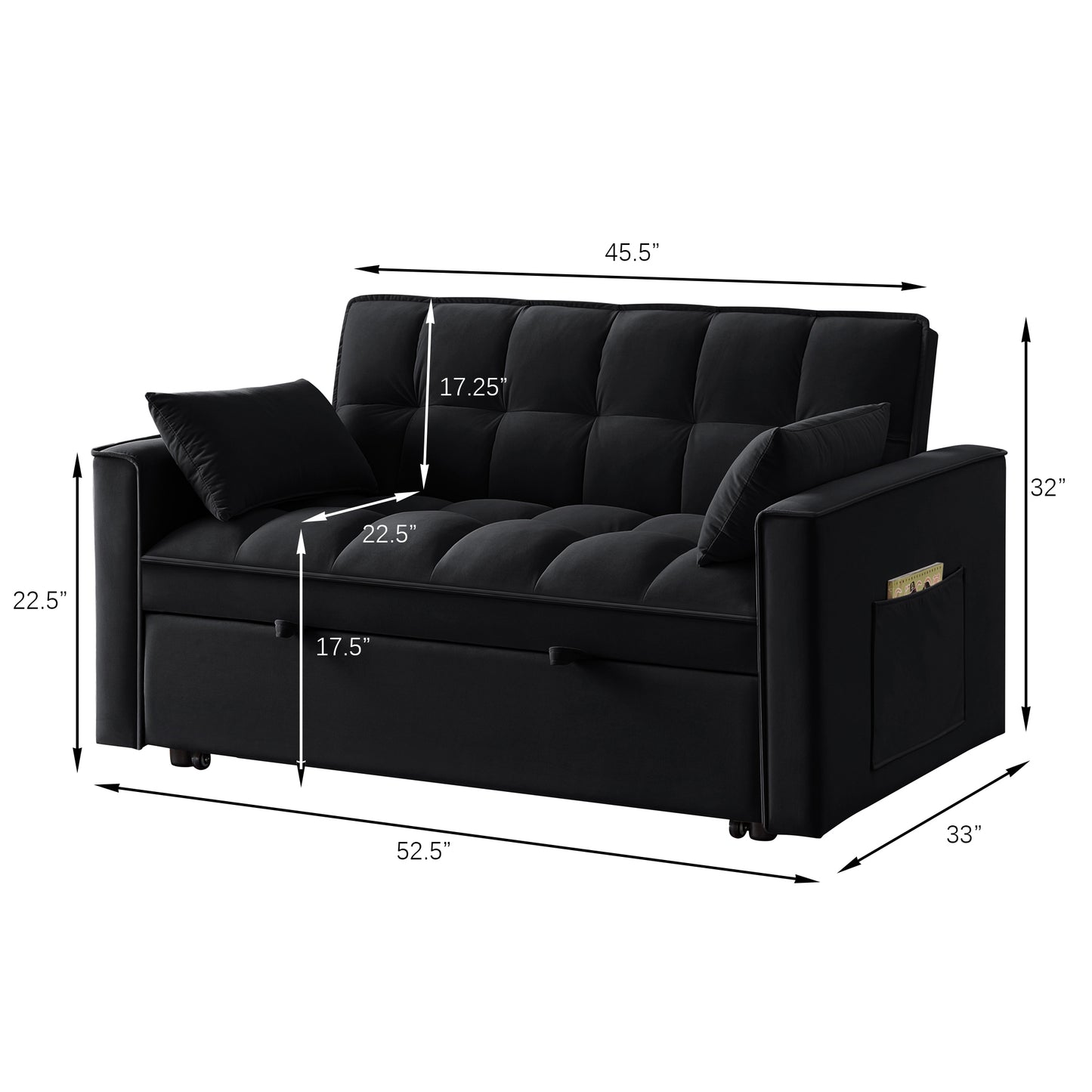 4 in1 Loveseat Sofa Bed with Armrests & Storage Pockets, Multi-Function Tufted Pull-out Sofa Bed with Adjustable Backrest and Pillows, Convertible Loveseat Sofa Couch,Black