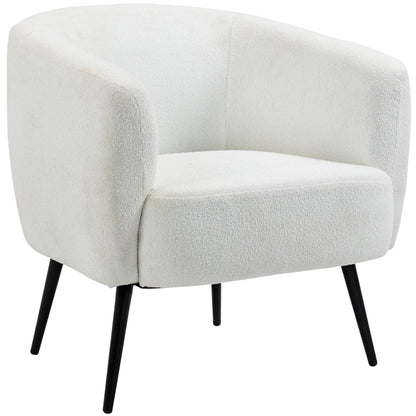 Teddy Fleece Fabric Accent Chair, Mid Century Modern Barrel Armchair with Metal Legs and Soft Padding, Upholstered Single Sofa Side Chair for Living Room, Cream