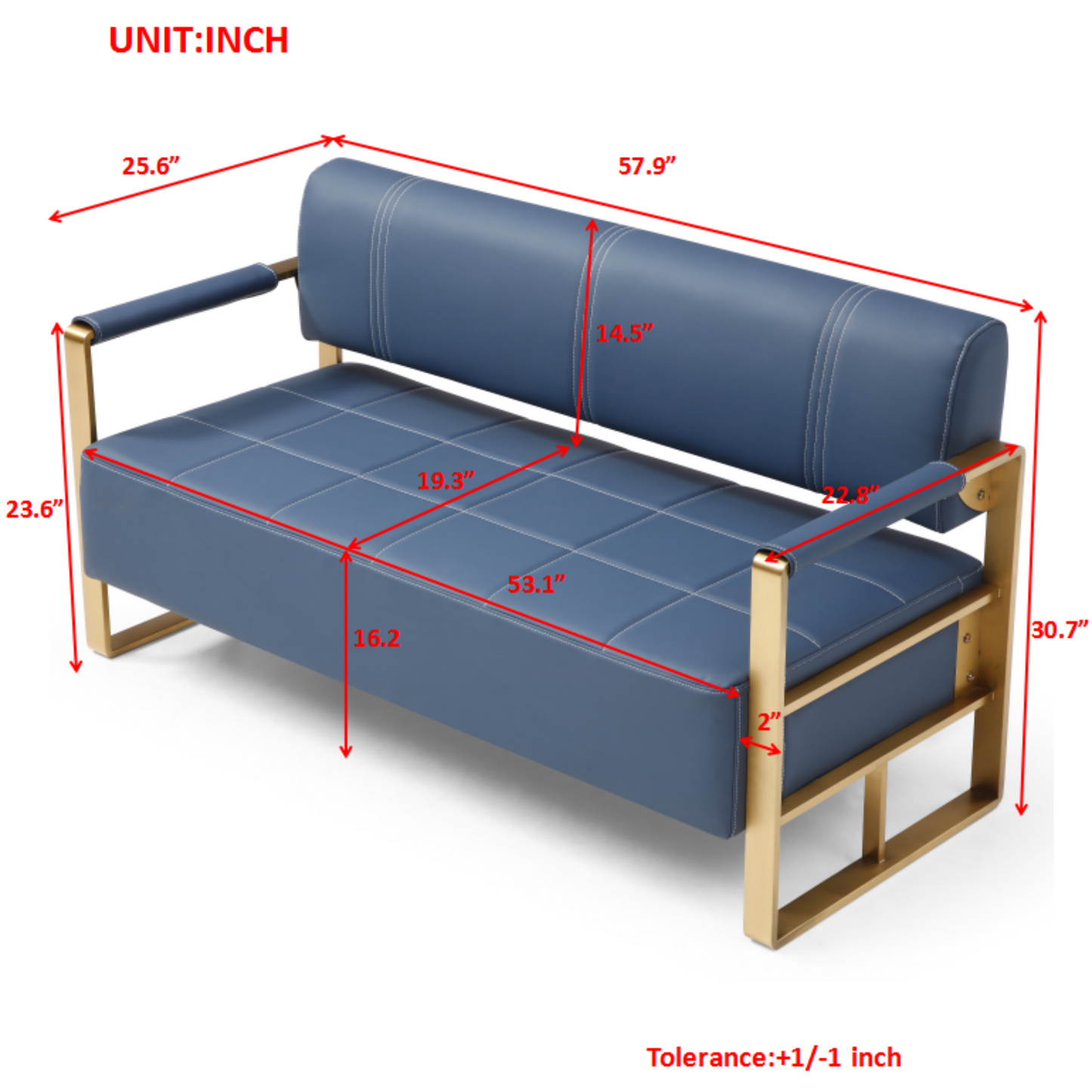 57.9" Width Modern Upholstery Faux Bonded Leather Loveseat Sofa for Living Room Accent Love Seats for Small Spaces 2 Seater Couch Sofa Office Apartment Studio Furniture with Golden Metal Arms,Blue