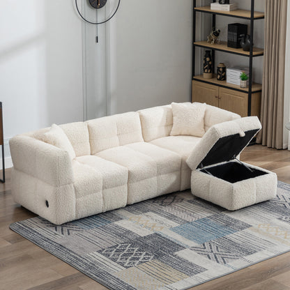 87.7" Sectional Sofa Cozy Teddy Fleece Fabric Sectional Sofa Couch with Two USB Ports a Movable Storage Ottoman and Two Lumbar Pillows for Living Room, Creamy White