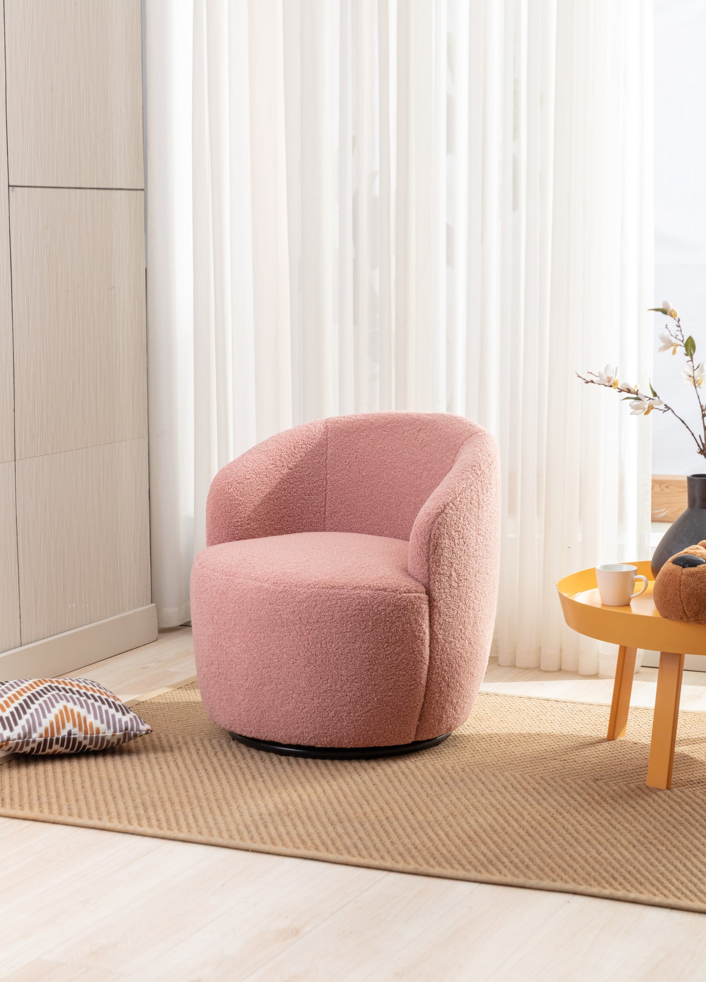 Teddy Fabric Swivel Accent Armchair Barrel Chair With Black Powder Coating Metal Ring,Light Pink