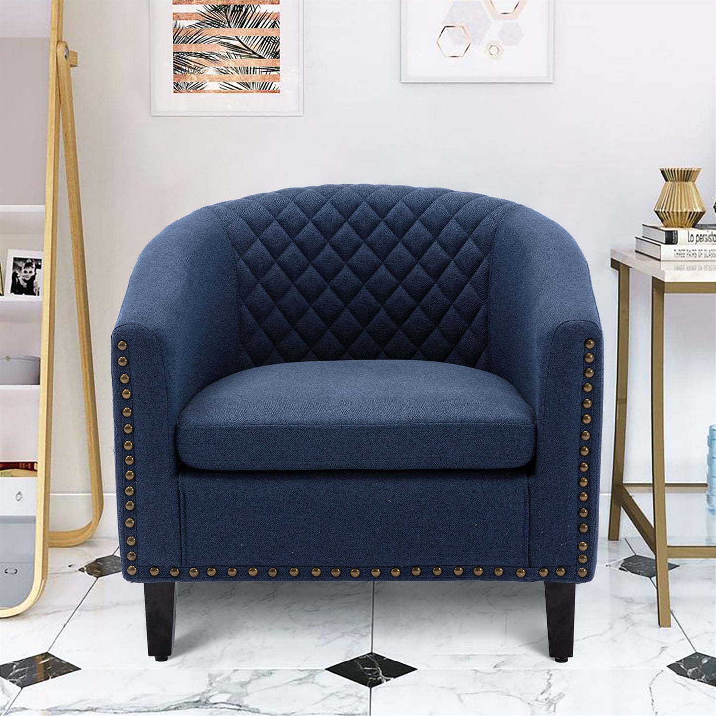 Barrel Chairs with Soft Padded Armrest, Club Chairs with nailheads and solid wood legs for Living Room Bedroom Waiting Room (Navy linen)