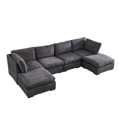 Modular Sofa with Ottoman,Filled with Down,Soft Linen Fabric,Dark Grey