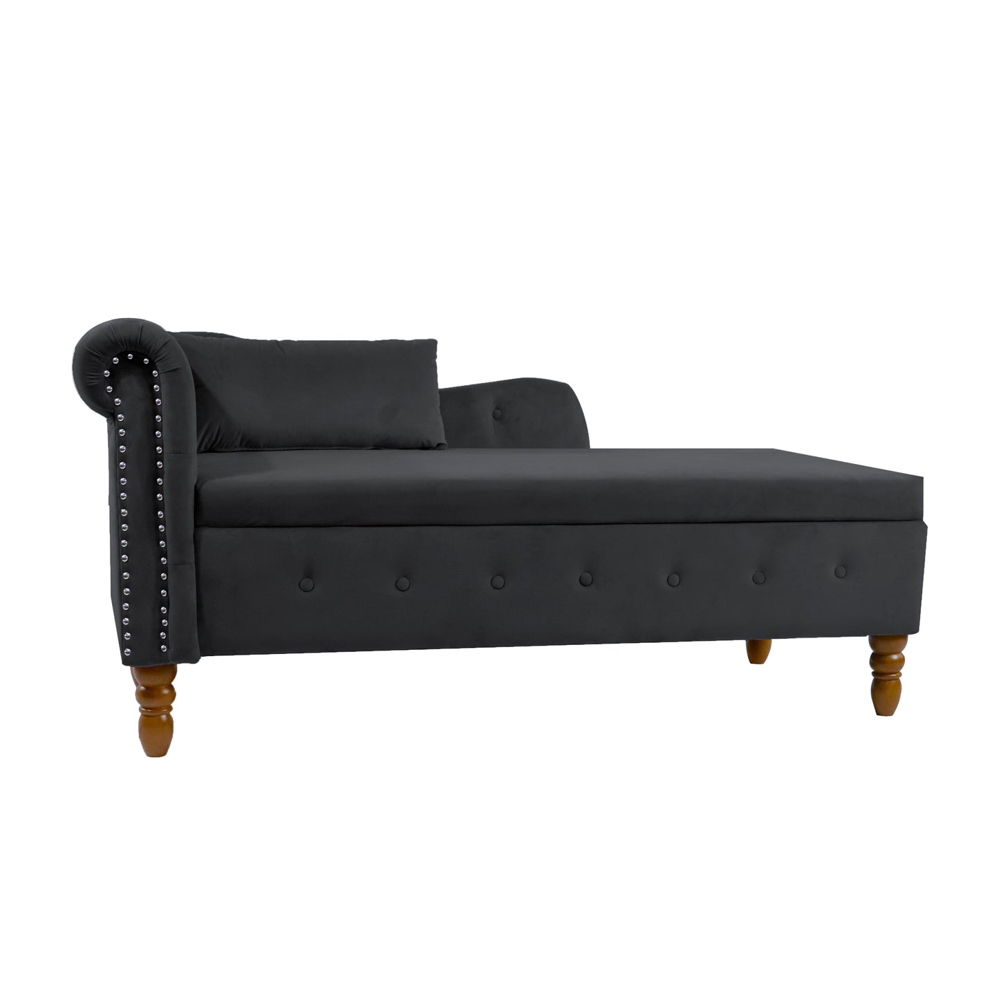 Black Chaise Lounge Indoor,Velvet Lounge Chair for Bedroom with Storage & Pillow,Modern Upholstered Rolled Arm Chase Lounge for Sleeping with Nailhead Trim for Living Room Bedroom Office