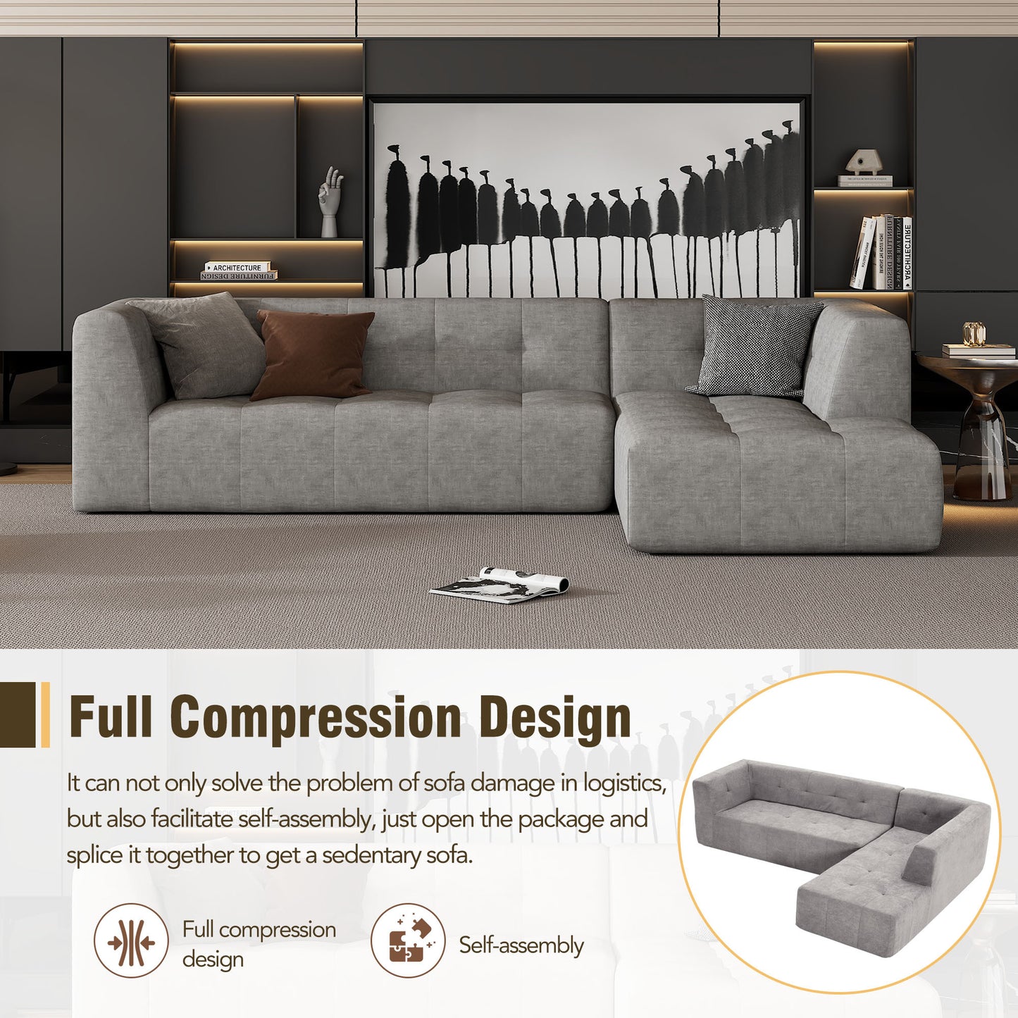 110.2*72.8" Modular Modular Combination Living Room Sofa Set, Modern Minimalist Sofa, Living Room Upholstered Sofa Bed, Bedroom, 2pcs Computer Free Combination, L-Shaped,Light Grey