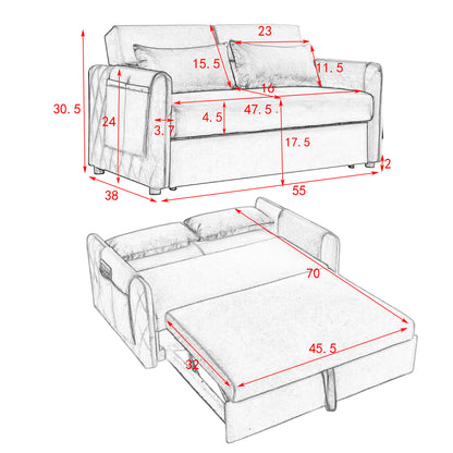 55" Modern Convertible Sofa Bed with 2 Detachable Arm Pockets, Velvet Loveseat Sofa with Pull Out Bed, 2 Pillows and Living Room Adjustable Backrest, Grid Design Armrests