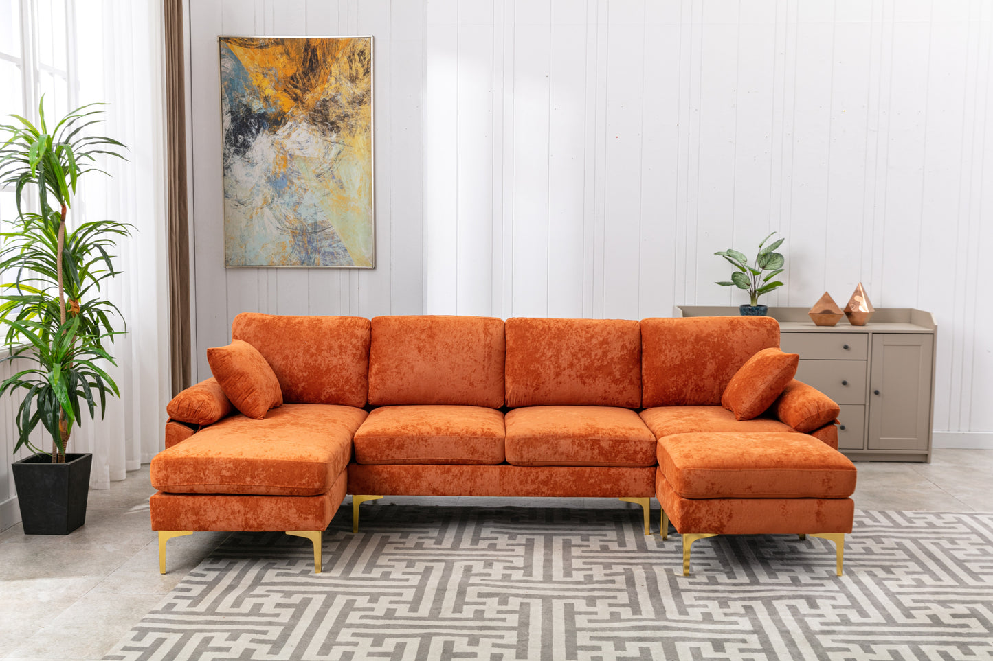 U-shape sectional sofa with Ottoman, Reversible Sofa Couch for Living Room,Spacious Furniture,Durable Couch Removable and machine washable cover (Orange Velvet)