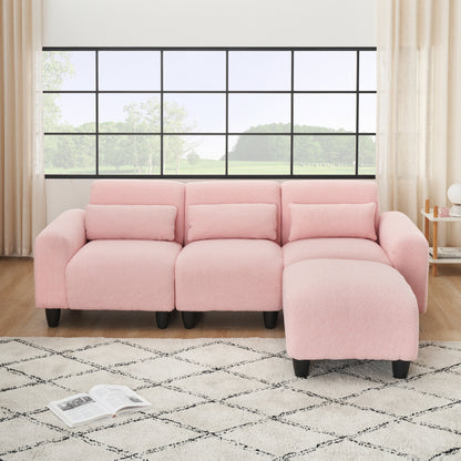 The 84.6-inch pink teddy fleece creative sofa can be assembled into a two-seater sofa plus a single couch with three waist pillows to perfectly stretch your waist for small apartment bedroom Spaces